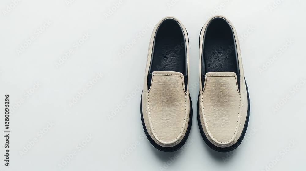 A pair of casual slip-on shoes arranged stylishly on a white background with space for copy A pair of casual slip-on shoes arranged stylishly on a white background with space for copy