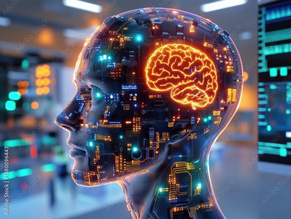 Obraz premium Cybernetic human head with glowing implant and intricate circuits, surrounded by holographic brainwave patterns in a high-tech lab