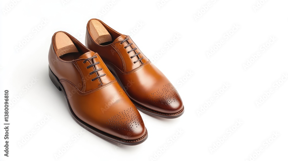 A pair of formal dress shoes neatly arranged on a clean white backdrop with room for text A pair of formal dress shoes neatly arranged on a clean white backdrop with room for text
