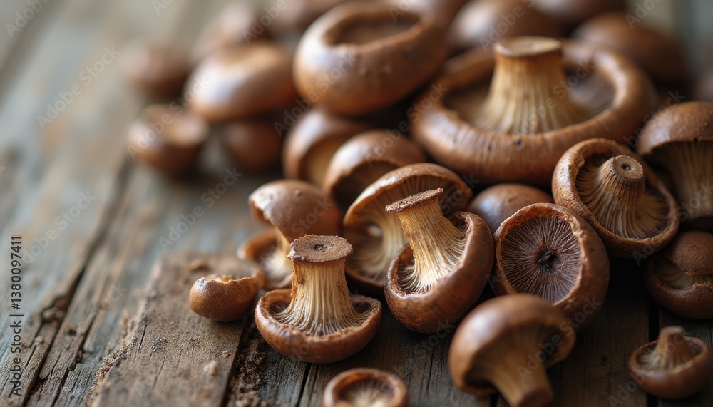 Fototapeta premium Pile of small brown mushrooms with visible gills on a rustic wooden surface, macro detail