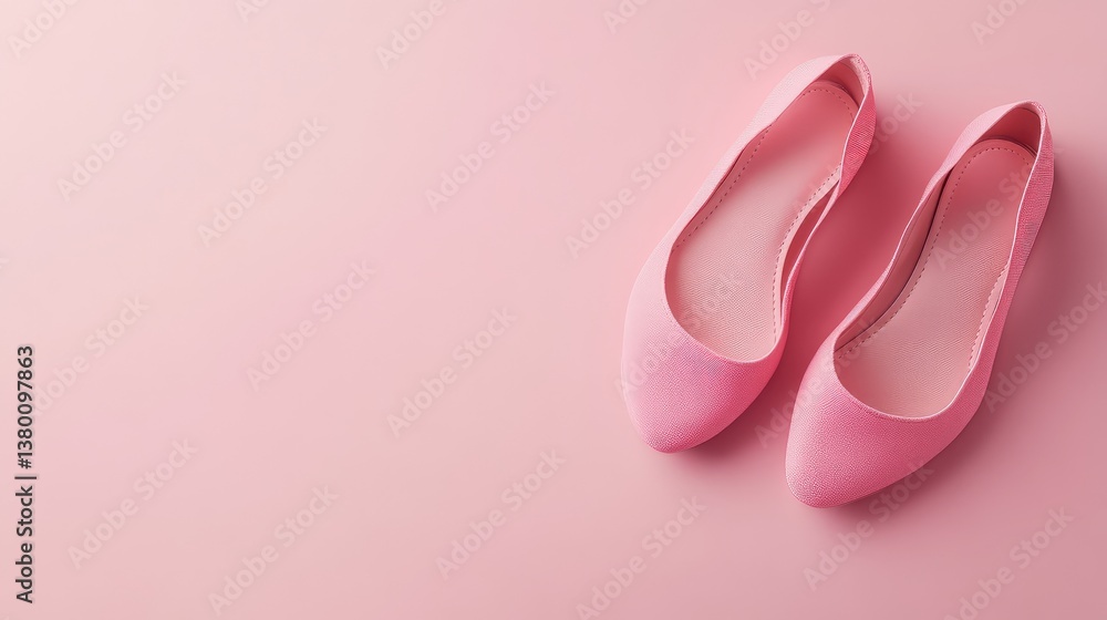 A pair of pink ballet flats positioned on a delicate pink background, simple and feminine. A pair of pink ballet flats positioned on a delicate pink background, simple and feminine.