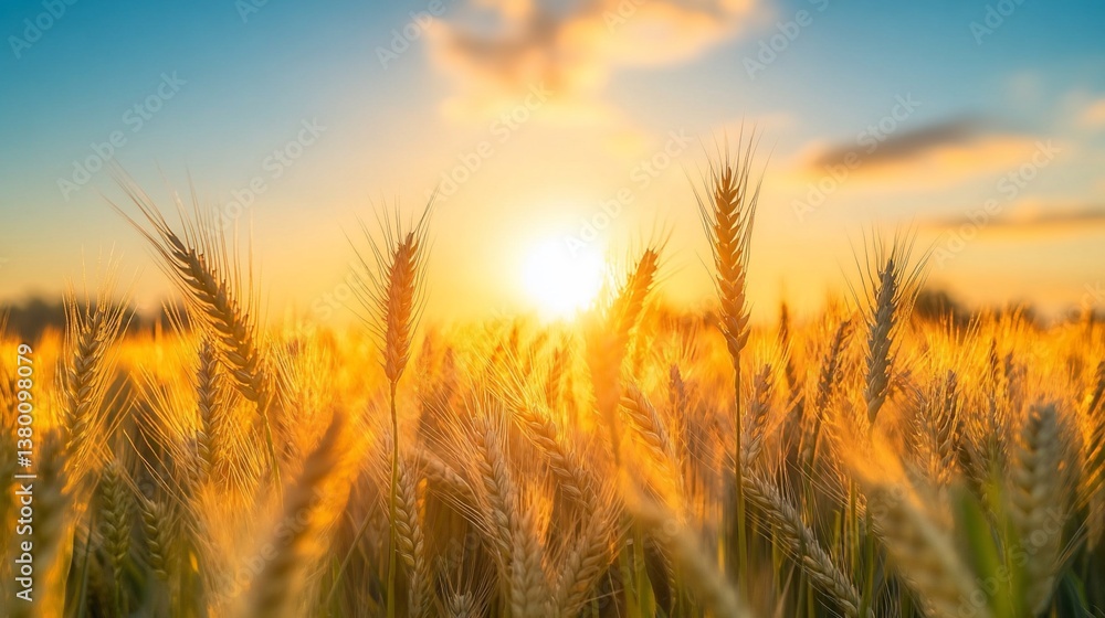 Wheat Field Golden Hour Sun illuminates grain plants in rural agriculture landscape Wheat Field Golden Hour Sun illuminates grain plants in rural agriculture landscape
