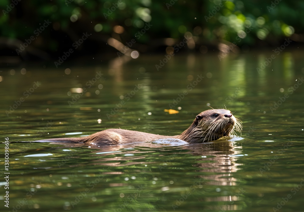 Fototapeta premium River Otter Swimming in Calm Water, Wildlife Nature Scene, Aquatic Mammal.
