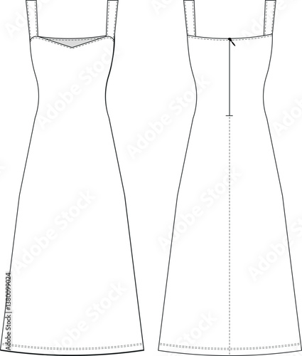 sleeveless strappy strapless squared sweetheart neck zippered a line midi ankle length long maxi dress template technical drawing flat sketch cad mockup fashion woman design style model 
