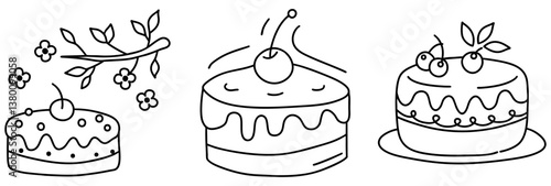 Delightful illustrations of cakes adorned with cherries and flowers, perfect for dessert lovers and festive occasions