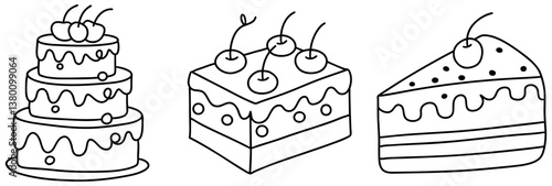 Delightful cake illustrations featuring layers, cherries, and frosting, perfect for dessert lovers and celebrations