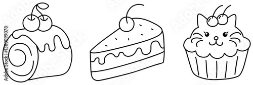 Delightful dessert illustrations featuring roll cake, slice of cake, and cute cupcake, all topped with cherries