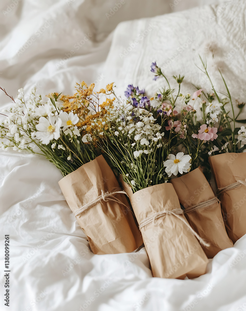Fototapeta premium cozy arrangement featuring wildflowers wrapped with paper and string conveys sense of simple joy and rustic charm, nestled on soft textile