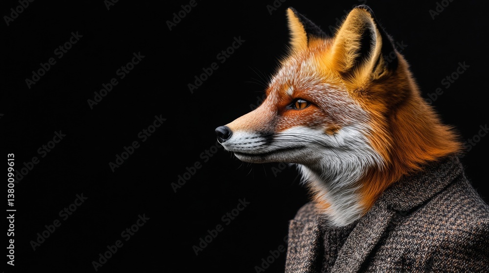 Fototapeta premium Side Profile of Fox Donning Suit on Black Background Concept of Wildlife and Human Style Blend
