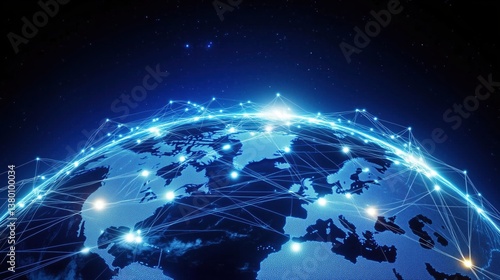Fototapeta Naklejka Na Ścianę i Meble -  A visual display of global network interconnection, with a network of light spots on a blue planet connecting the world's continents.