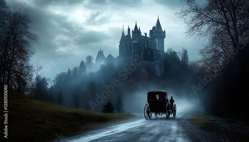 AI generated image of a hansom carriage driving towards a vampire castle. Dracula's castle