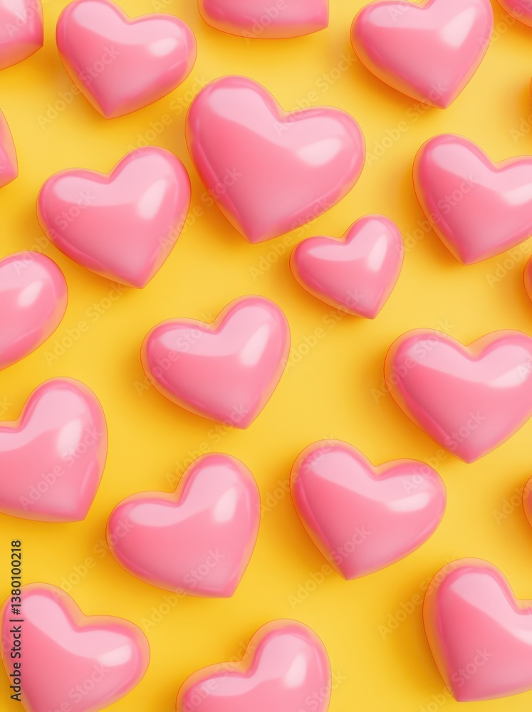 Colorful arrangement of shiny pink heart-shaped objects on a bright yellow background, creating a cheerful and playful visual effect. Colorful arrangement of shiny pink heart-shaped objects on a bright yellow background, creating a cheerful and playful visual effect.