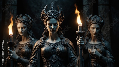 A statue of Hecate, with three faces, each holding a torch, dagger, and key, set against a dark crossroads