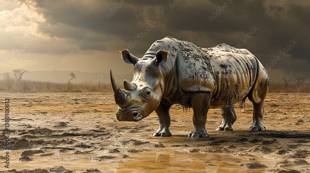 Fototapeta premium White rhino in a muddy puddle in a savanna landscape under dramatic sky.