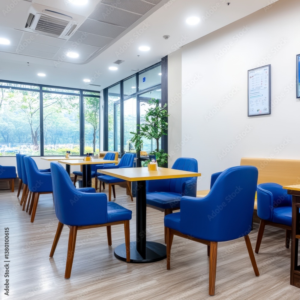 Fototapeta premium Modern cafe interior with blue chairs and light wood tables near large windows.