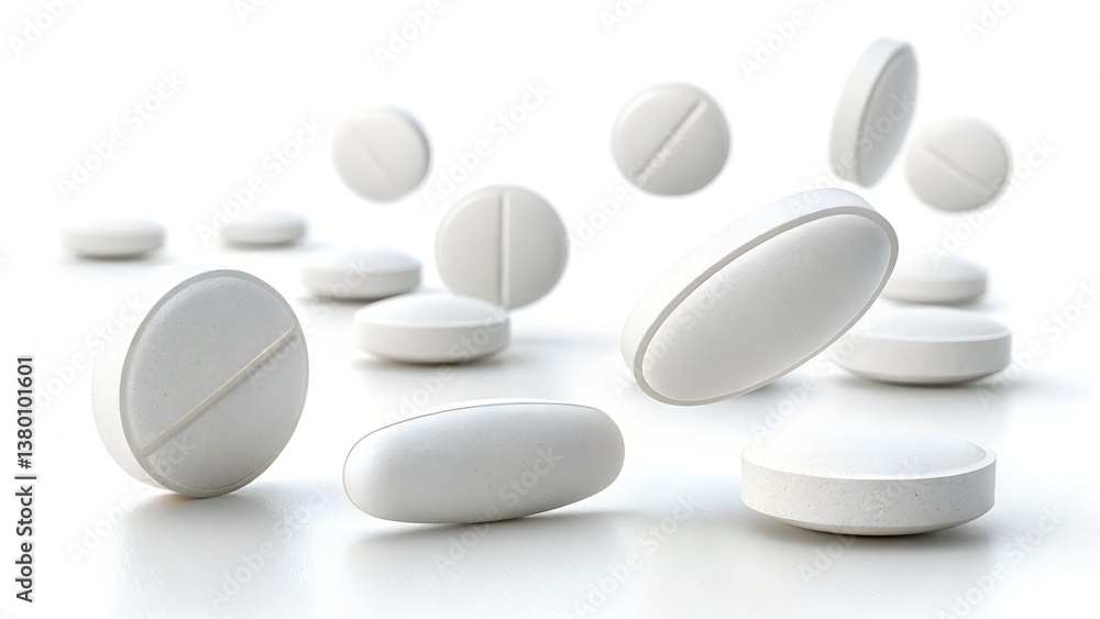 A dynamic composition shows numerous white pills, both round and oval-shaped
A dynamic composition shows numerous white pills, both round and oval-shaped
