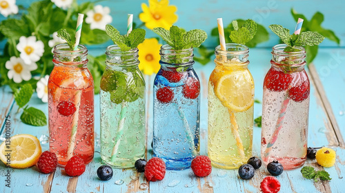 Vibrant fruit infused water with fresh berries and mint leaves in glass bottles, perfect for refreshing summer drinks