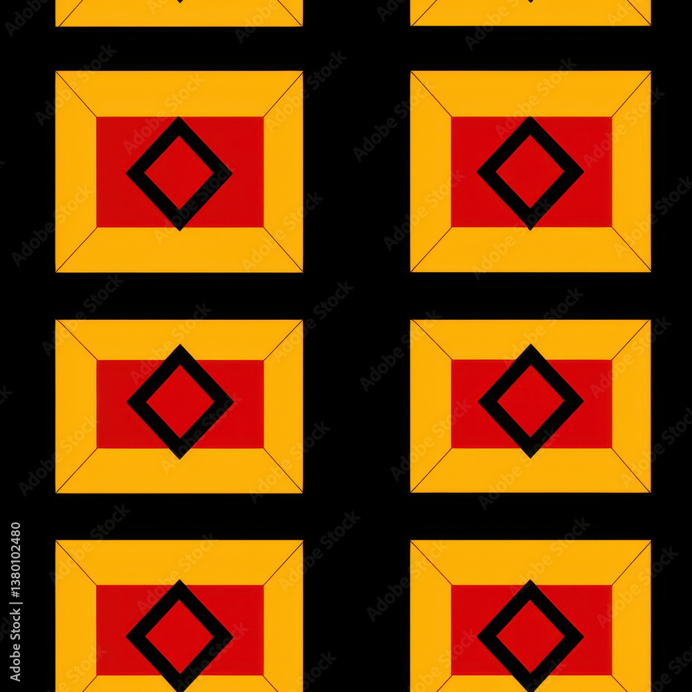 Bold geometric pattern with vibrant red, orange, and yellow rectangles on black background, Textile Seamless Pattern Background Bold geometric pattern with vibrant red, orange, and yellow rectangles on black background, Textile Seamless Pattern Background