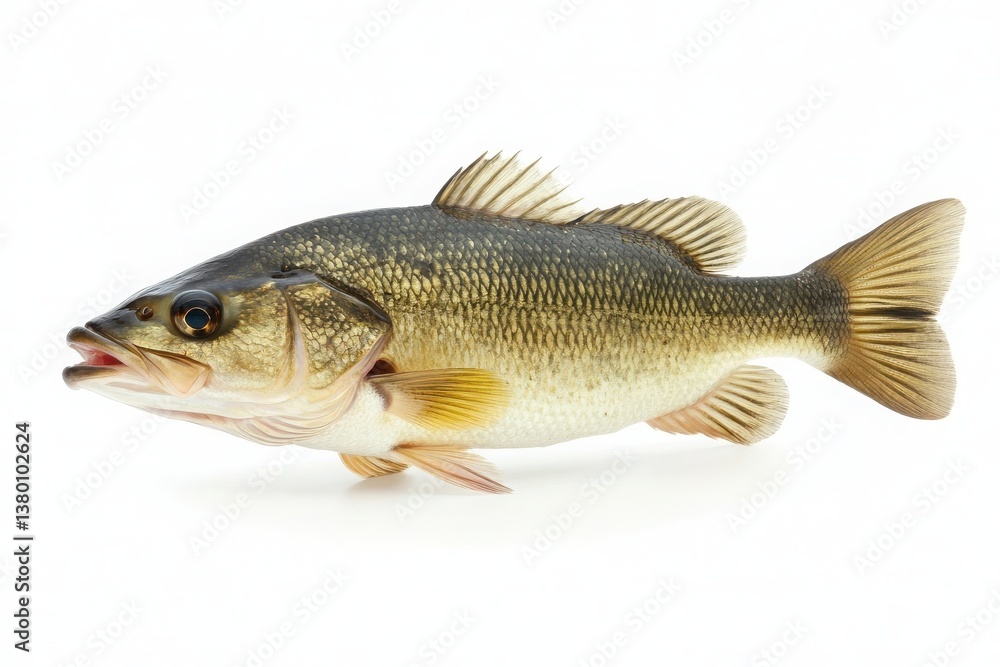 A detailed image of a bass fish on a white background. A detailed image of a bass fish on a white background.