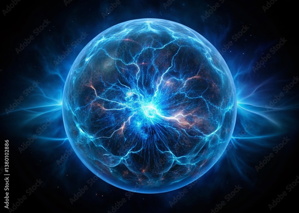 Naklejka premium Abstract Blue Electric Plasma Sphere Lightning Storm Dark Background 3D Render