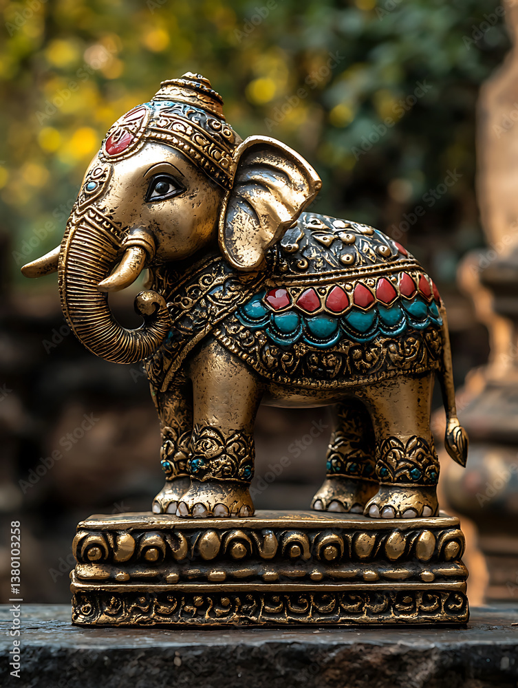 Obraz premium Ornate golden elephant figurine with colorful gemstone-like decorations standing on a patterned base against a natural blurred background.