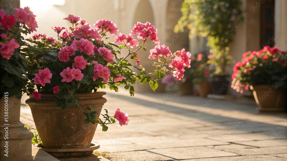 Fototapeta premium Vibrant Pink Flowers in a Potted Garden