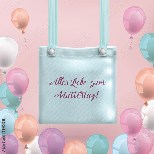 Alles Liebe zum Muttertag, Einkaufstasche mit bunten Luftballons in Pastellfarben