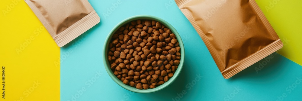 Colorful pet food display featuring dog and cat food bowls along with clean product pouches on a vibrant background