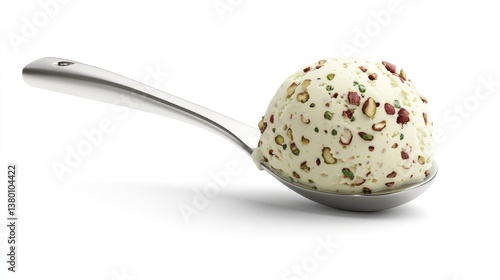 A realistic 3D close-up of a pistachio ice cream scoop with nuts, isolated on a white background with space available