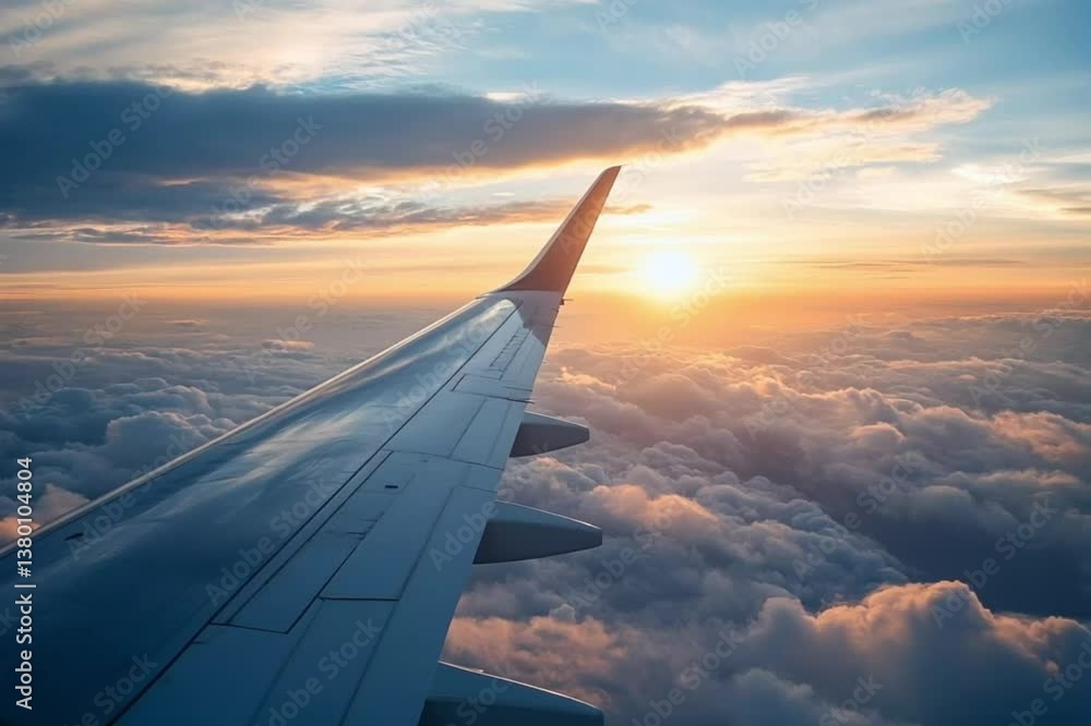View on Airplane Wing and Clouds with Glorious Sunset View on Airplane Wing and Clouds with Glorious Sunset