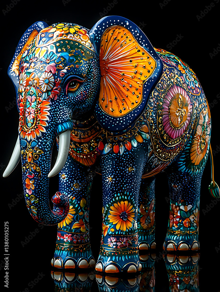 Fototapeta premium Ornately decorated blue elephant figurine with vibrant floral and geometric patterns against a dark reflective background.