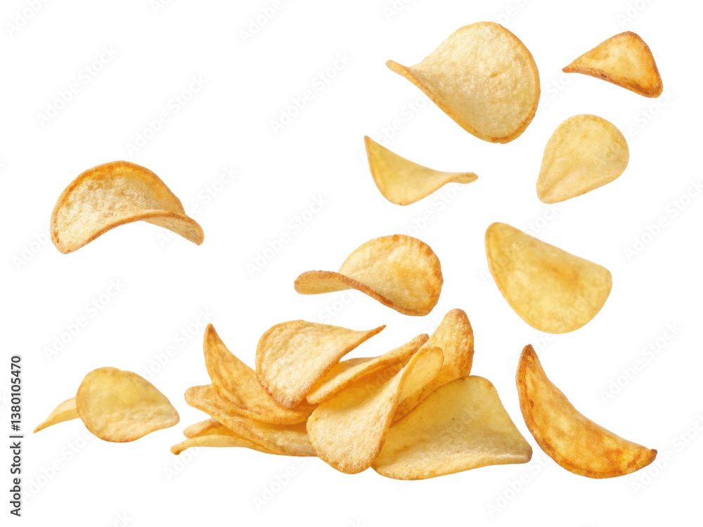 Crispy potato chips scattered on transparency background, showcasing their golden color and unique shapes, evoke sense of snack time joy Crispy potato chips scattered on transparency background, showcasing their golden color and unique shapes, evoke sense of snack time joy
