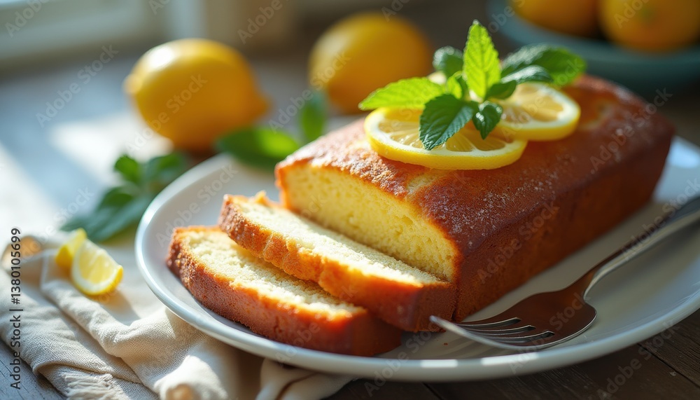 Delicious lemon loaf cake presentation with fresh mint and lemon slices on a white plate Delicious lemon loaf cake presentation with fresh mint and lemon slices on a white plate