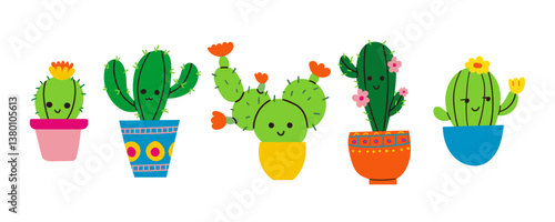 Vector illustration set of funny cactus characters in cartoon style isolated on white background