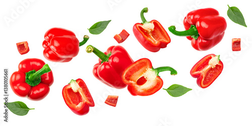 flying sliced red sweet bell pepper with green leaves isolated on white background. clipping path