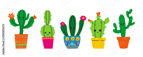 Vector illustration set of funny cactus characters in cartoon style isolated on white background