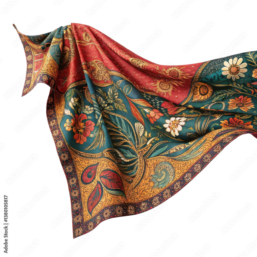 Elegant silk scarf with intricate floral patterns and vibrant colors, showcasing blend of red, green, and gold tones Elegant silk scarf with intricate floral patterns and vibrant colors, showcasing blend of red, green, and gold tones