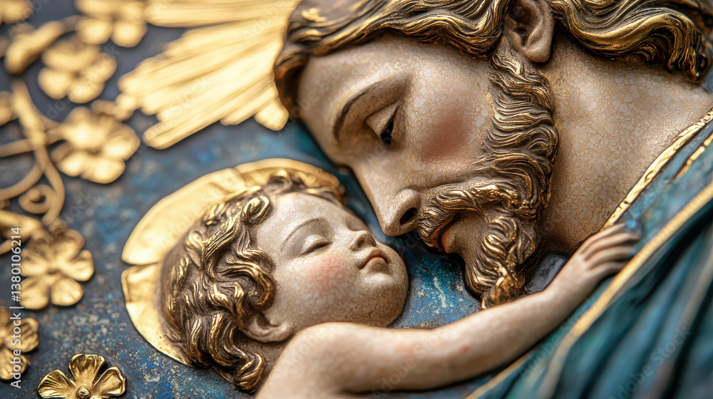 Obraz premium close up view of beautifully crafted religious sculpture depicting serene moment between holy figure and child, showcasing