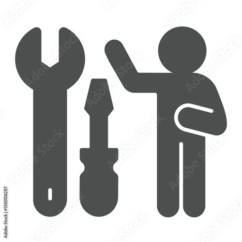 Wrench with screwdriver and man solid icon, repair service concept. Vector graphics. Repair tools and human sign on white background, glyph style icon for mobile or web design.
