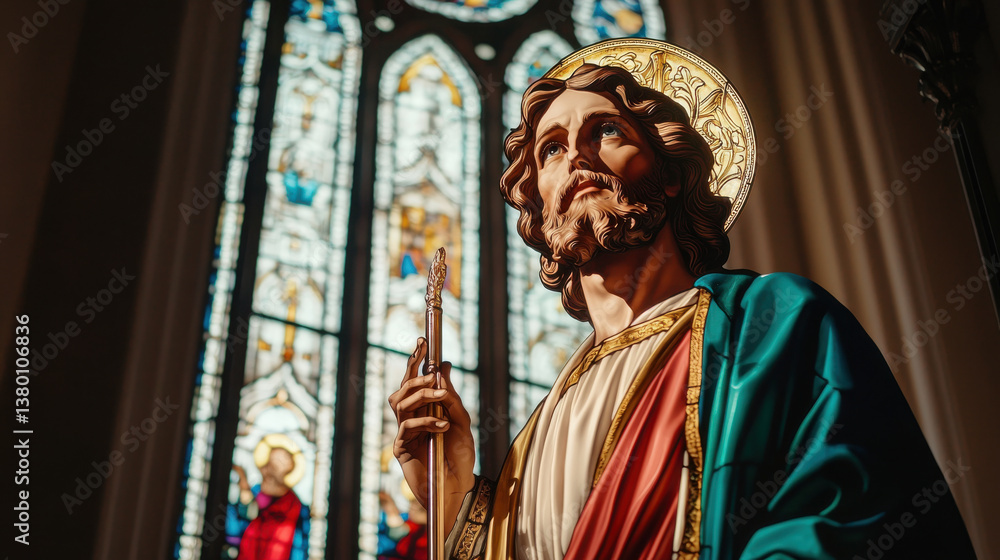 Fototapeta premium detailed statue of religious figure stands front of stained glass window, showcasing intricate designs and vibrant colors