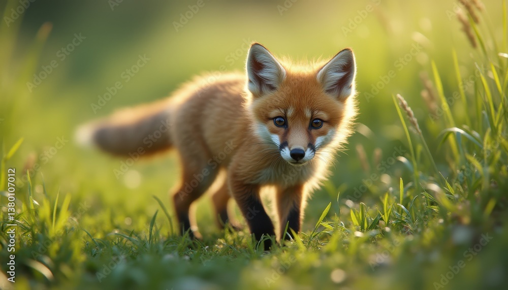 Fototapeta premium Adorable Red Fox Kit Strolling Through a Sunlit Meadow on a Sunny Day