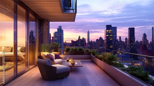 A modern balcony featuring stylish woven furniture