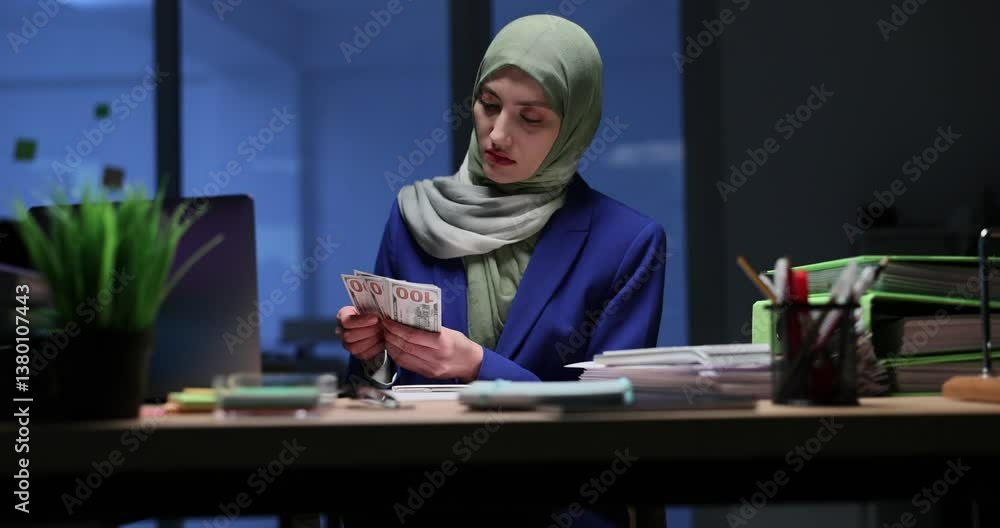 Lady worker wearing hijab counts stack of banknotes at desk in dimly lit office setting. Dealing with money related to work and financial matters Lady worker wearing hijab counts stack of banknotes at desk in dimly lit office setting. Dealing with money related to work and financial matters