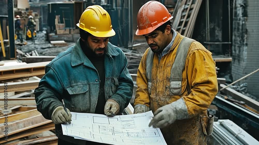 Construction Collaboration: Two construction workers intently examine blueprints on a bustling construction site, symbolizing teamwork and precision in architecture. Construction Collaboration: Two construction workers intently examine blueprints on a bustling construction site, symbolizing teamwork and precision in architecture.
