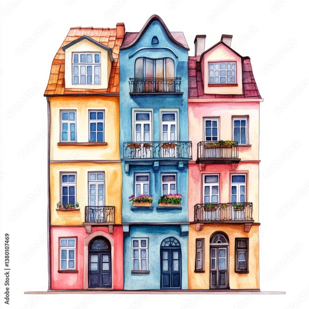 Fototapeta premium colorful watercolor townhouse clipart