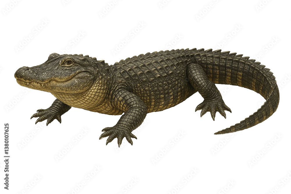Fototapeta premium PNG cut out isolated background. A detailed image of an American alligator resting on a white backdrop.