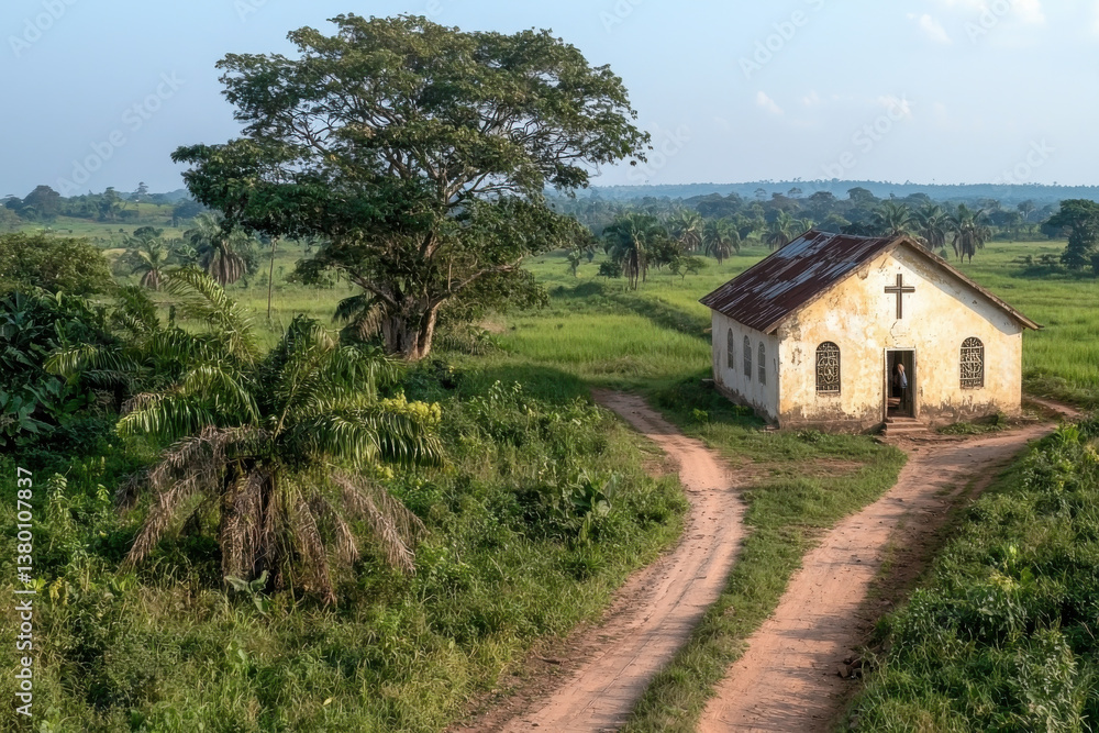 serene landscape featuring rustic church surrounded by lush greenery and winding dirt road, evoking sense of peace serene landscape featuring rustic church surrounded by lush greenery and winding dirt road, evoking sense of peace
