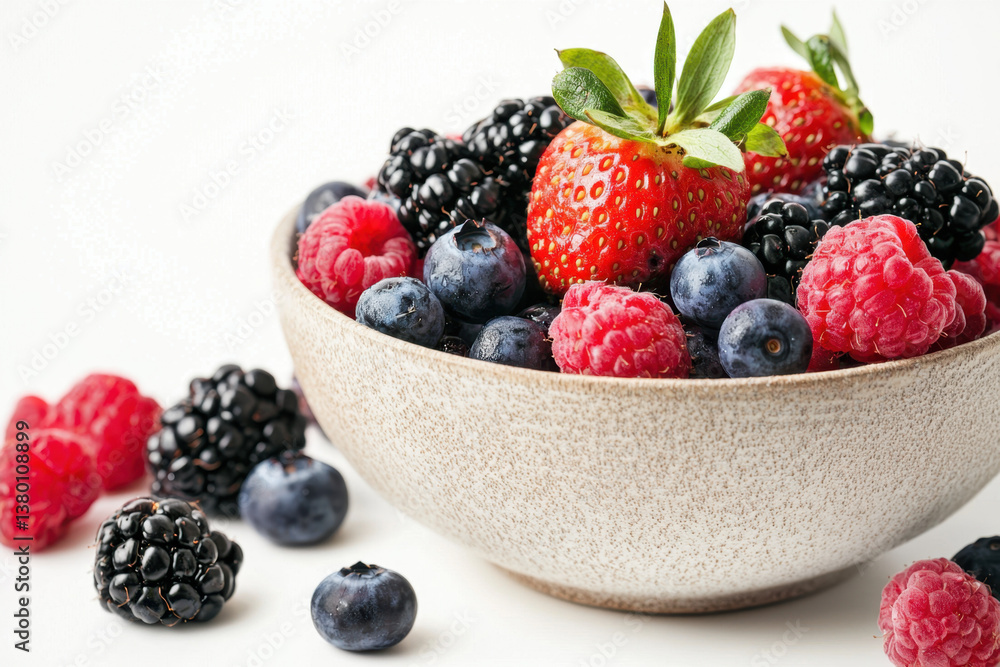 Isolated bowl of fresh mixed berries including strawberries on a white surface food photography bright and clean environment close-up view for culinary inspiration Isolated bowl of fresh mixed berries including strawberries on a white surface food photography bright and clean environment close-up view for culinary inspiration