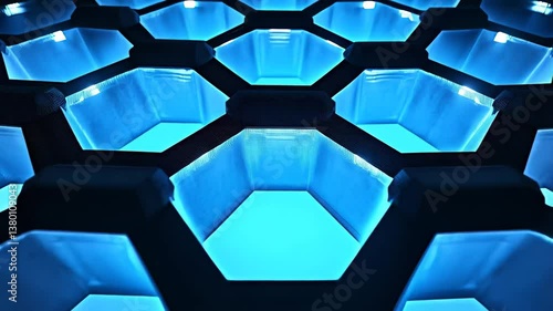 blue abstract background, A striking display of blue illumination highlights an intricate hexagonal grid structure. The design captivates with its seamless interplay of light and shadow, inviting curi