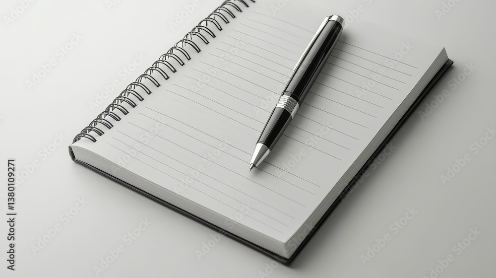 A sharp 3D close-up of a notebook with a pen resting on its pages, placed on a clean white background with negative space A sharp 3D close-up of a notebook with a pen resting on its pages, placed on a clean white background with negative space